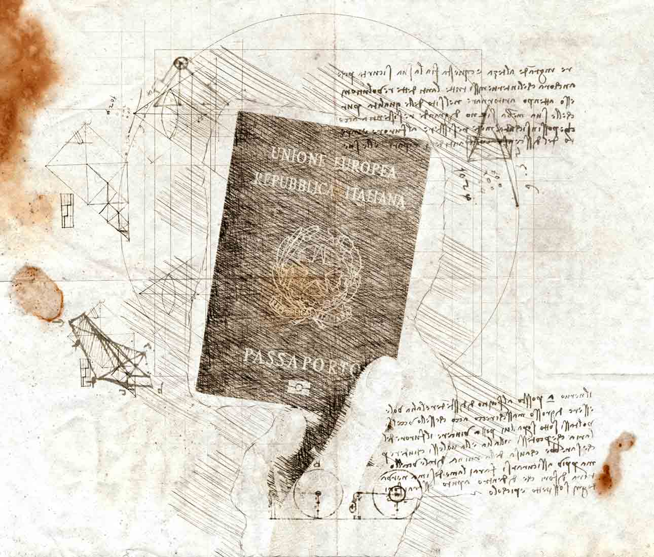 sketch of a hand holding an Italian passport